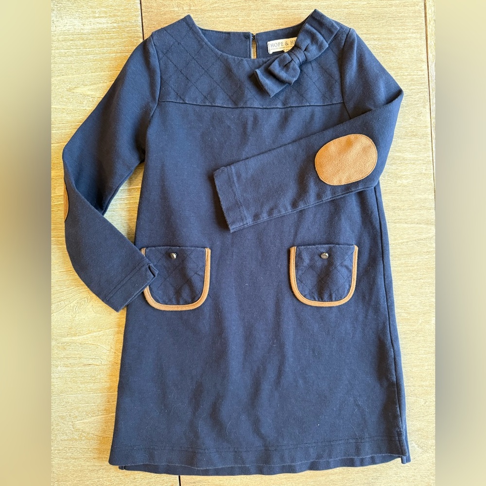Hope & Henry Navy Dress with Brown faux suede Accents
